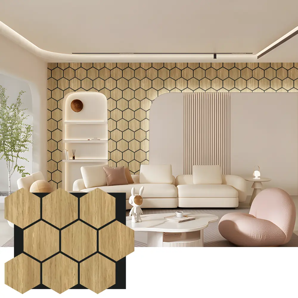 အတွင်းပိုင်းဒီဇိုင်းအတွက် Hexagon Acoustic Wood Wall Panels အတွင်းပိုင်းဒီဇိုင်းအတွက် Hexagon Acoustic Wood Wall Panels